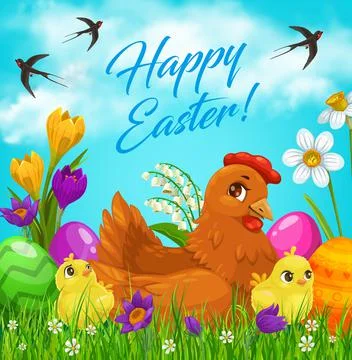 Easter eggs and chicks on green grass Illustrazione stock