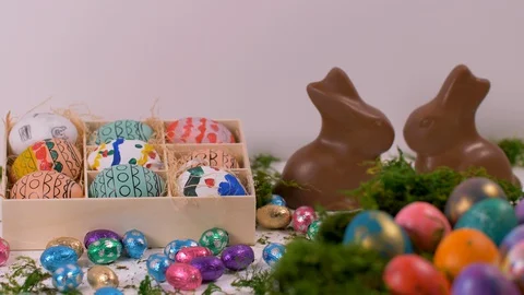 Easter Eggs And Chocolate Bunnies View. Easter Stock-Footage 129092181