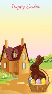 Easter eggs and chocolate bunny by cottage Stock Illustration