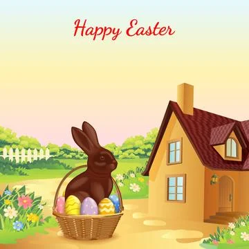 Easter eggs and chocolate bunny by country house Stock Illustration