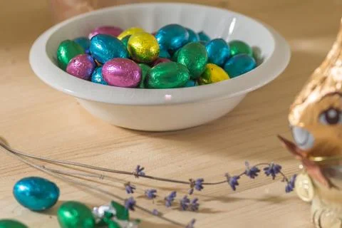 Easter eggs and a chocolate rabbit Stock Photos