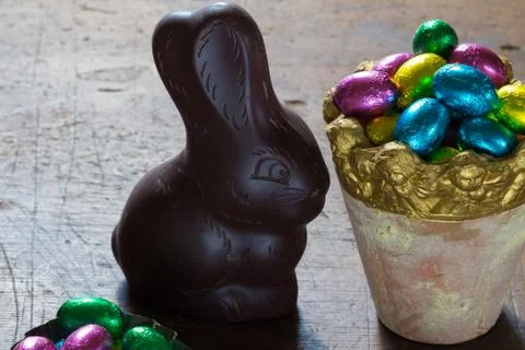 Easter eggs and a chocolate rabbit Stock Photos