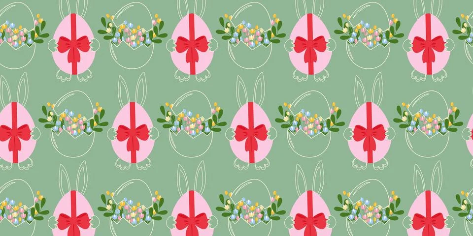Easter Eggs and Cracked Eggshell with Floral composition Seamless Pattern Banner Stock Illustration