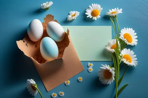 Easter with eggs and daisies on a blue background. Stock Photos