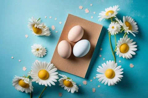 Easter with eggs and daisies on a blue background. Stock Photos