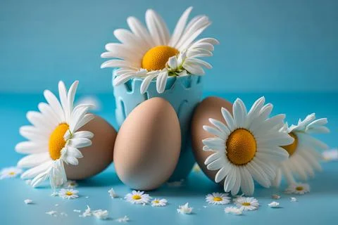 Easter with eggs and daisies on a blue background. Stock Photos