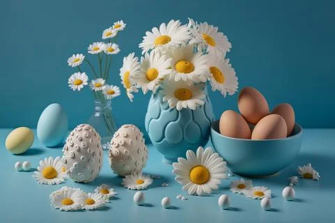 Easter with eggs and daisies on a blue background. Stock Photos
