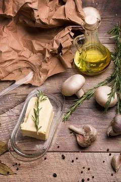 Easter eggs and decorations on a rustic wooden table Stock Photos
