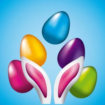 Easter eggs and ears rabbit shining blue background 스톡 일러스트