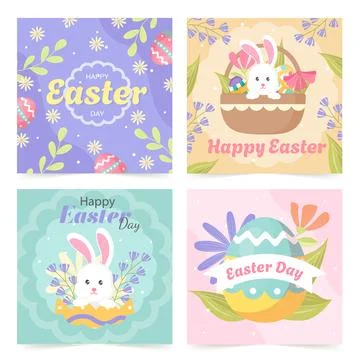 Easter eggs and Easter bunnies. Happy easter. Hello Easter. Postcards in bright Stock Illustration