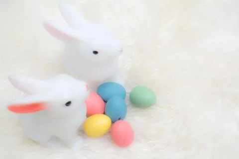 Easter eggs and Easter bunny on an Easter egg hunt Stock Photos