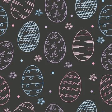 Easter eggs and flower seamless pattern. Blue, pink, lilac eggs on black Illustrazione stock