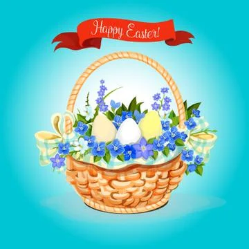 Easter eggs and flowers bunch basket vector poster Illustrazione stock