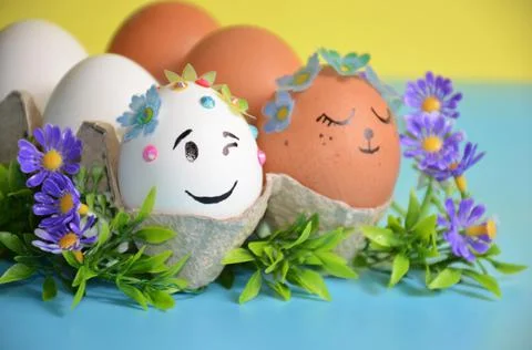 Easter eggs and flowers. Easter. Stock Photos