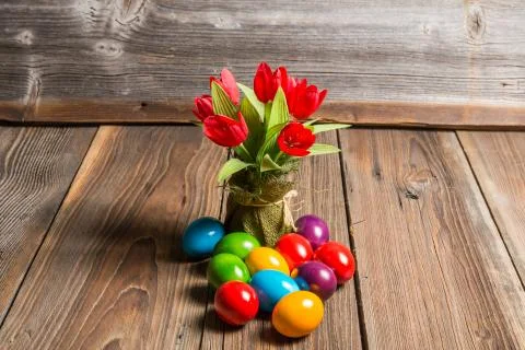 Easter eggs and flowers Stock Photos