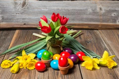 Easter eggs and flowers Stock Photos