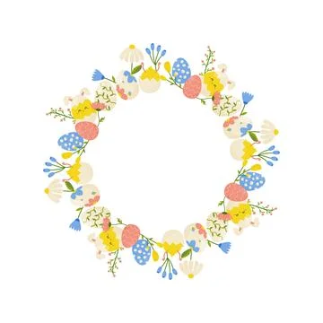 Easter eggs and flowers round frame, ornament, spring. On white isolated ba.. Stock Illustration