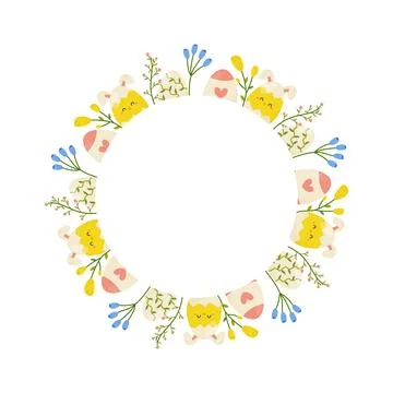 Easter eggs and flowers round frame, ornament, spring. On white isolated ba.. Stock Illustration