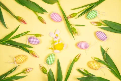 Easter eggs and a hare with white tender tulips on a yellow background, flat Stock Photos
