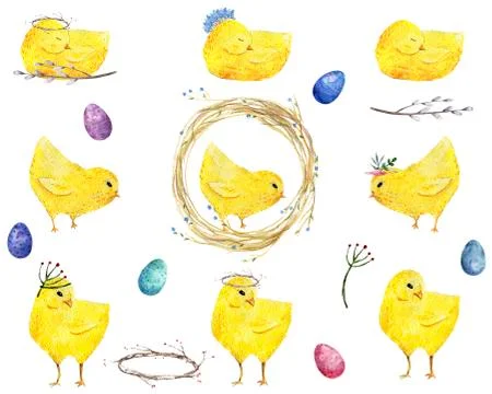 Easter eggs and little chicks. Watercolor brush, Cute farm birds Greate holiday Stock Illustration