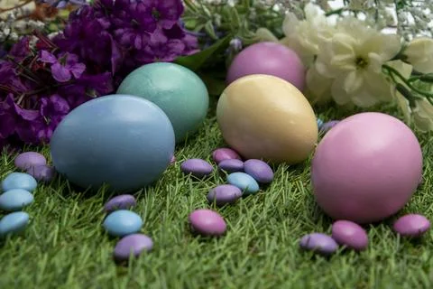 Easter eggs and pastel colored chocolate candy on green grass Stock Photos