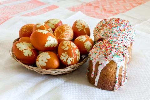 Easter eggs and pie Stock Photos