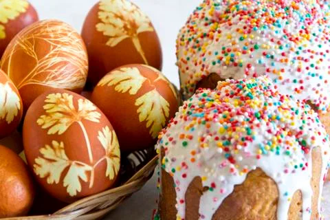 Easter eggs and pie Stock Photos