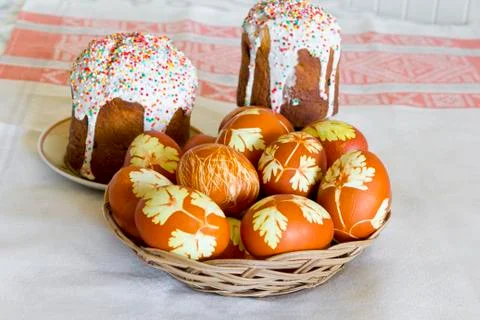 Easter eggs and pie Stock Photos