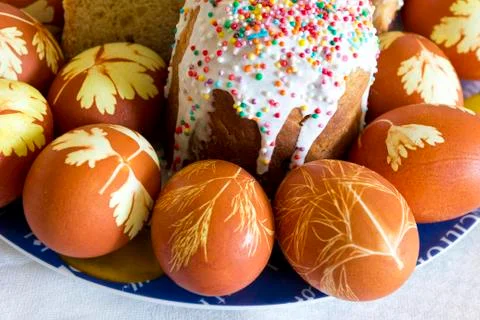 Easter eggs and pie Stock Photos