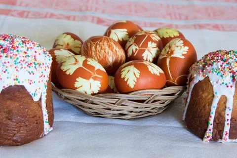 Easter eggs and pie Stock Photos
