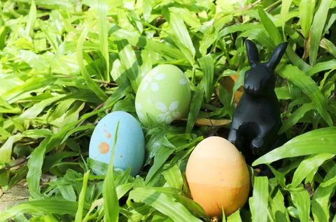 Easter eggs and rabbit decoration on green glass with macro close up for Ea.. Stock Photos