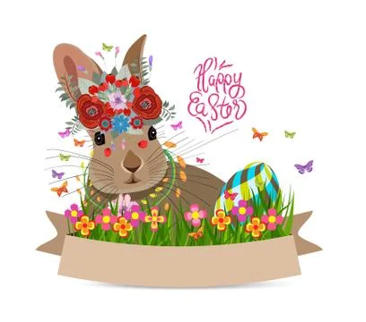 Easter eggs and rabbit spring fresh grass background Stock Illustration