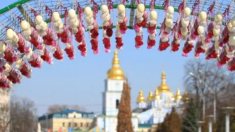 Easter eggs and saint Michael's cathedral in Kyiv, Ukraine Stock Footage 88551576
