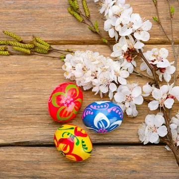 Easter eggs and a sprig of blossoming apricot on wooden background. Stock Photos