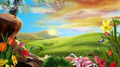 Easter Eggs and Spring Flowers in Colorful Fantasy Meadow Illustration Stock Illustration