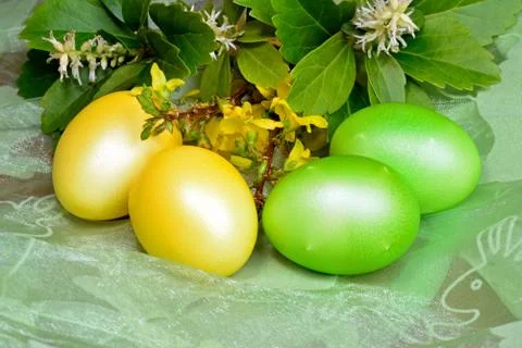 Easter eggs and spring flowers Stock Photos