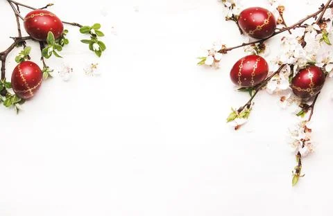 Easter eggs and spring white flowers on Easter white background with copy spa Stock Photos