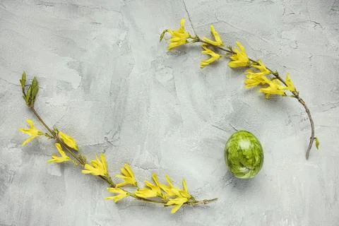 Easter eggs and spring yellow flowers, copy space Foto stock