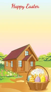 Easter eggs and traditional cake by rustic cottage Stock Illustration