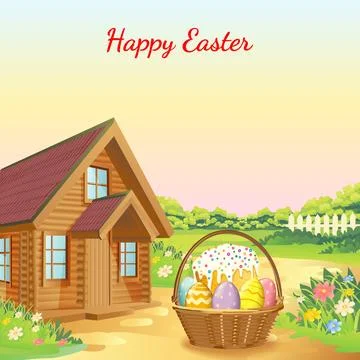 Easter eggs and traditional cake by country house Stock Illustration