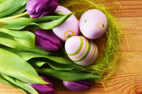Easter eggs  and tulip Stock Photos