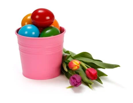 Easter eggs and tulips Stock Photos