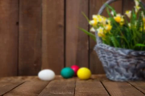 Easter eggs and tulips Stock Photos