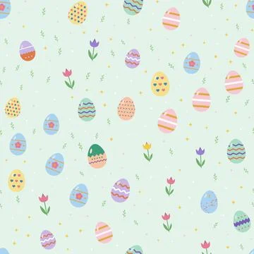 Easter eggs and tulips seamless pattern with colorful painted eggs, spring Stock Illustration