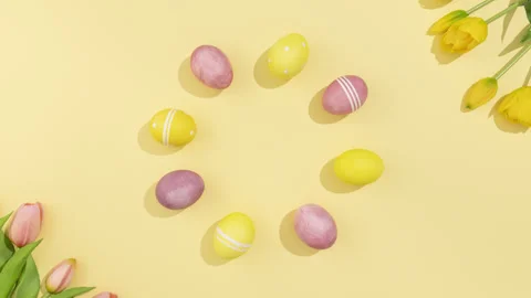 Easter Eggs and Tulips Stop Motion on Yellow Background Video stock 330530183