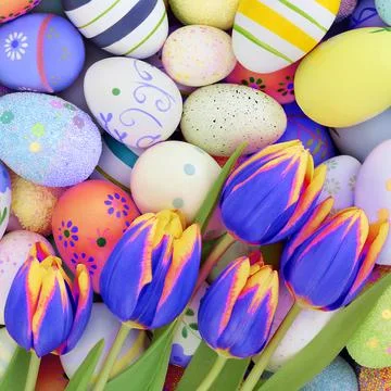 Easter Eggs and Vivid Spring Tulip Flowers Stock Illustration