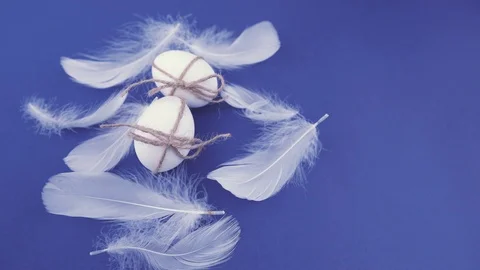 Easter eggs and white feathers are decorated with a ribbon. Stock Footage 122312409