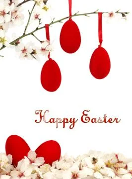 Easter eggs and white spring flowers Stock Photos