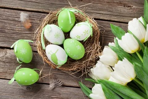 Easter eggs and white tulips Stock Photos