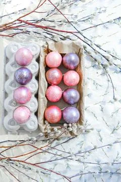 Easter eggs and willow branches on light background Stock Photos